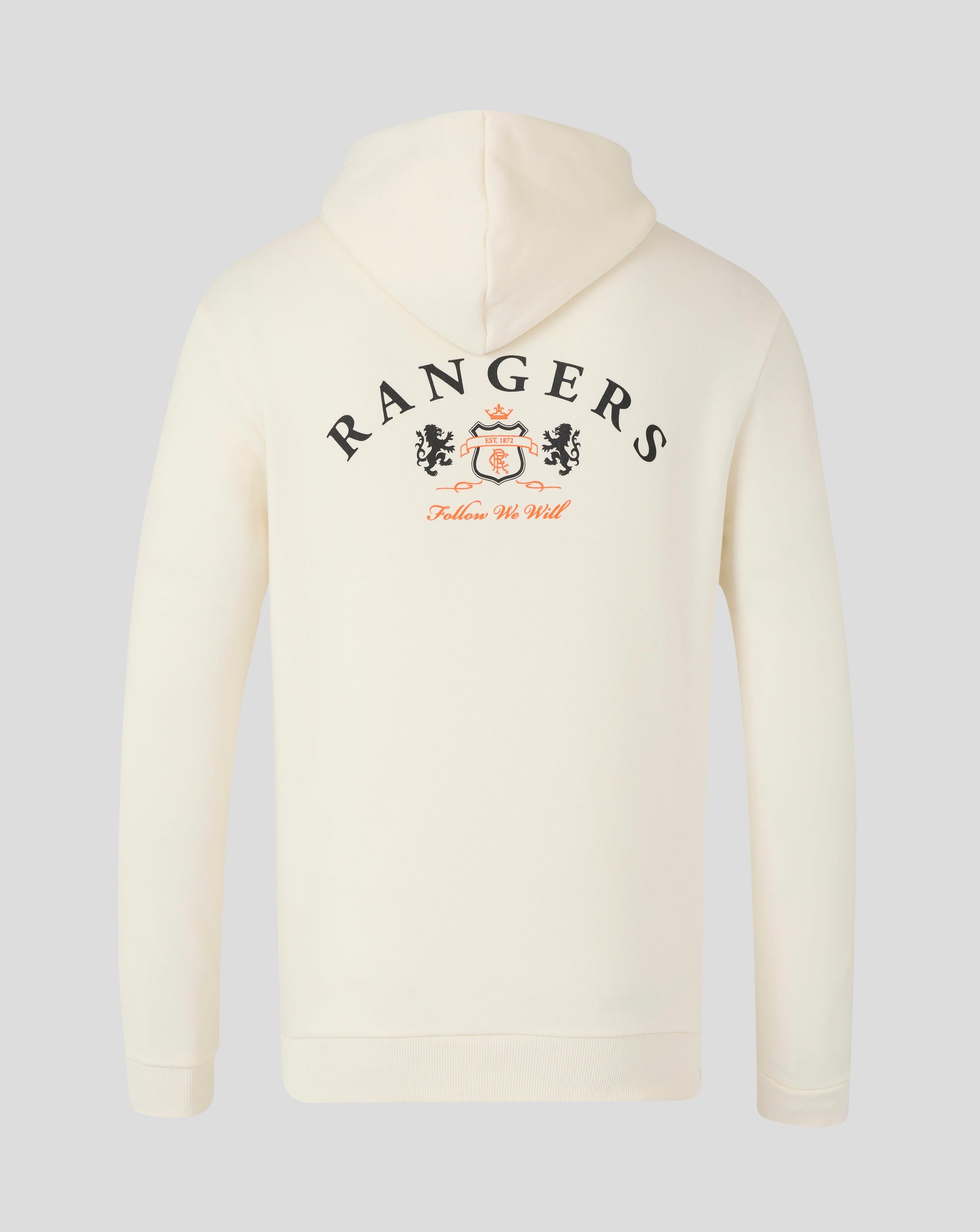 Back view of a cream Rangers hoodie with large arched RANGERS text crest and Follow We Will slogan.