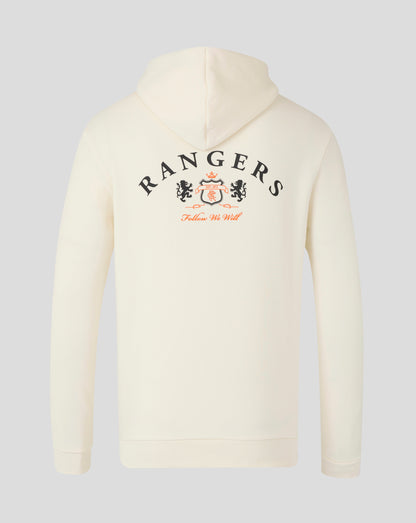 Back view of a cream Rangers hoodie with large arched RANGERS text crest and Follow We Will slogan.