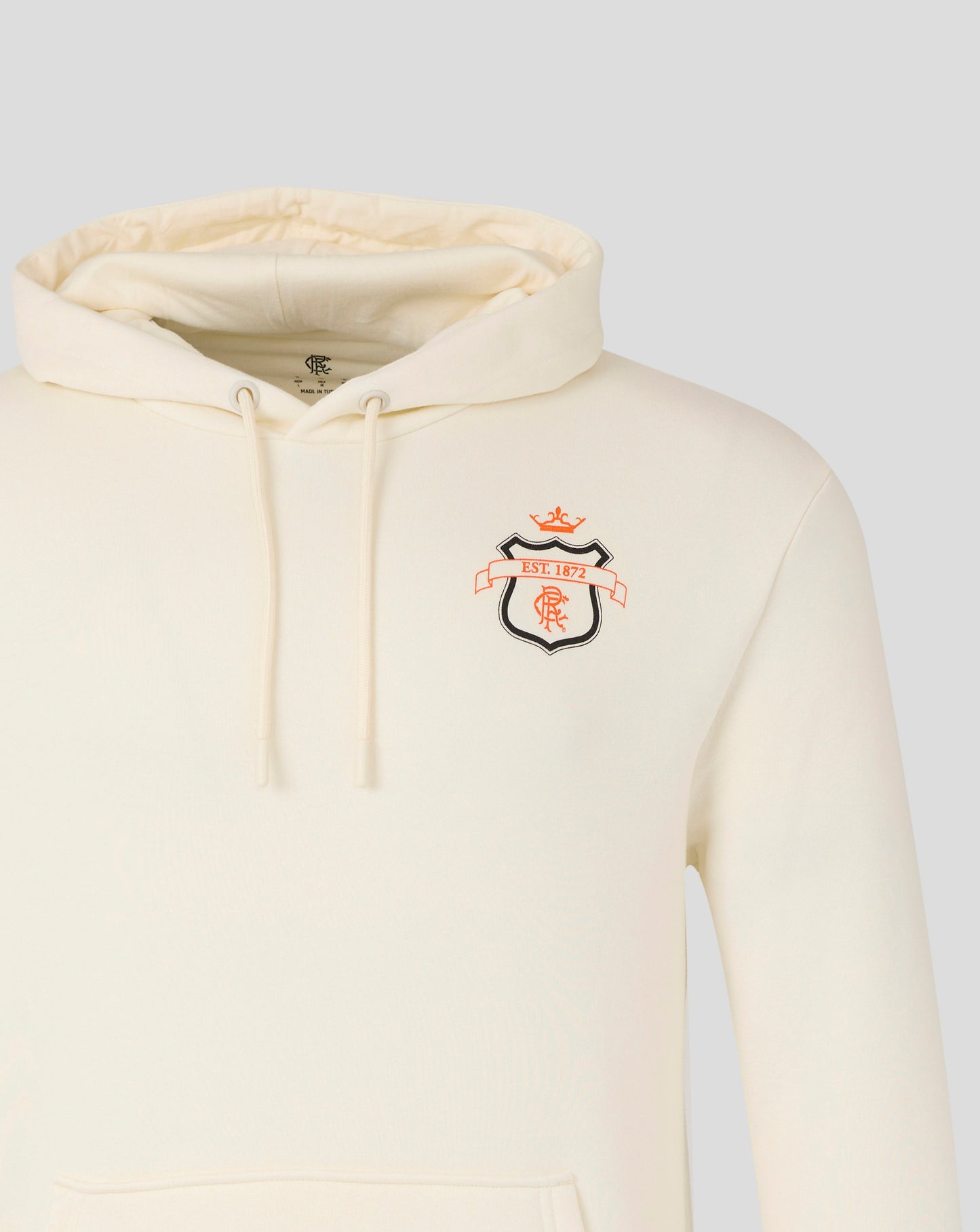 Close-up of the cream Rangers hoodie hood and neckline with drawstrings and inner label.