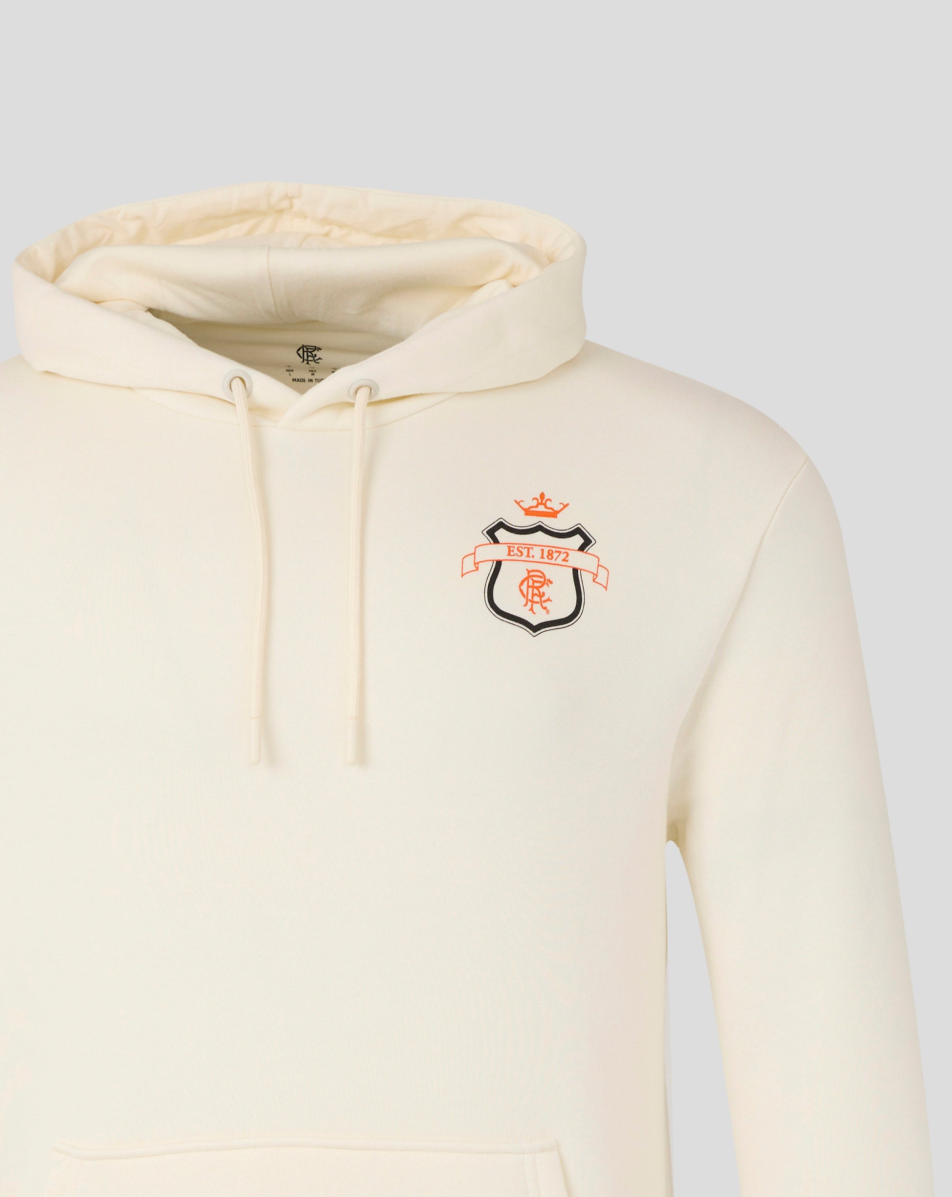 Close-up of the cream Rangers hoodie hood and neckline with drawstrings and inner label.