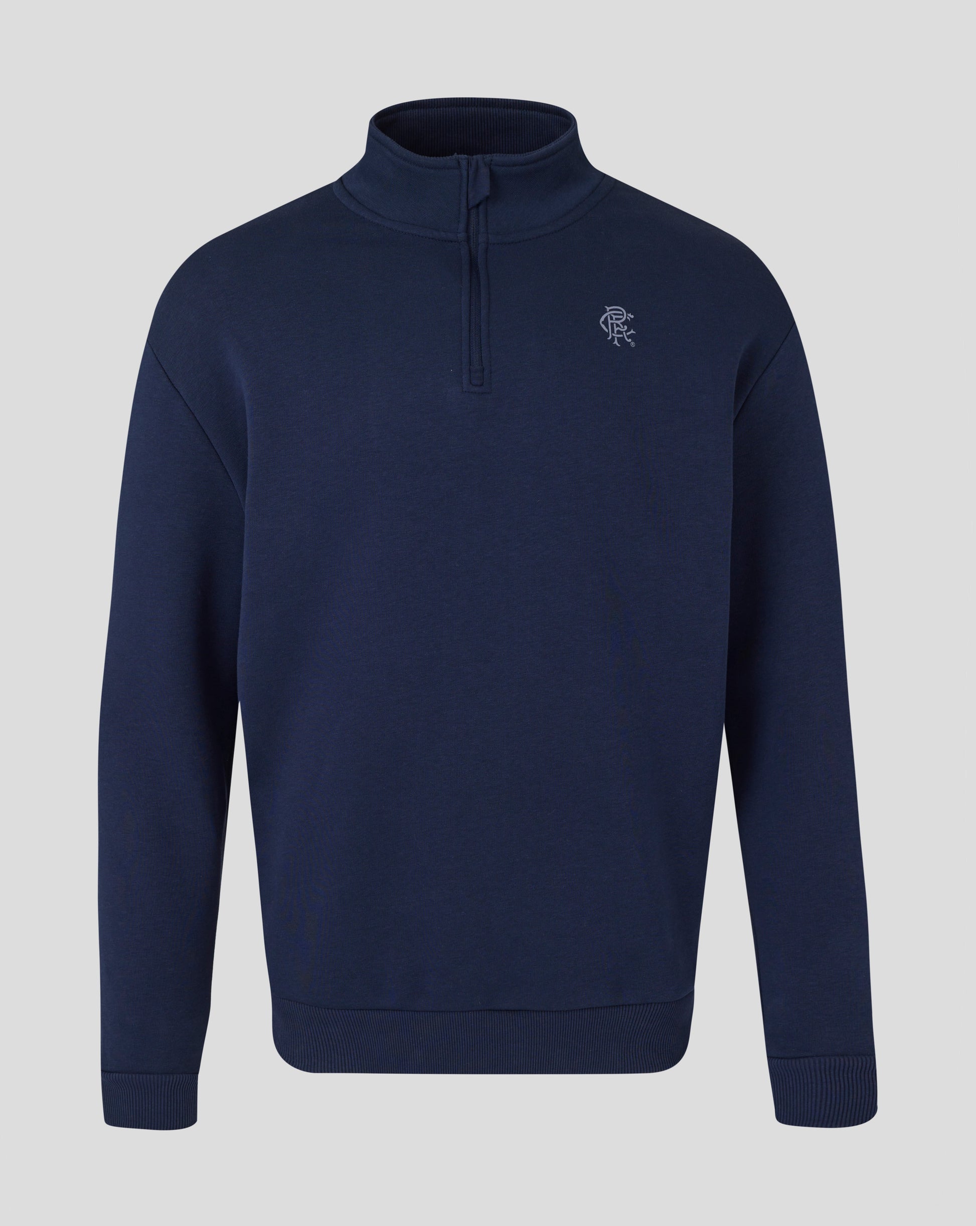 Rangers Unisex quarter zip sweatshirt in navy with high collar and chest crest