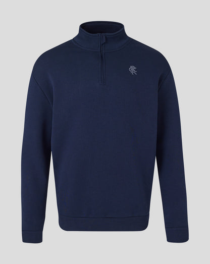 Rangers Unisex quarter zip sweatshirt in navy with high collar and chest crest