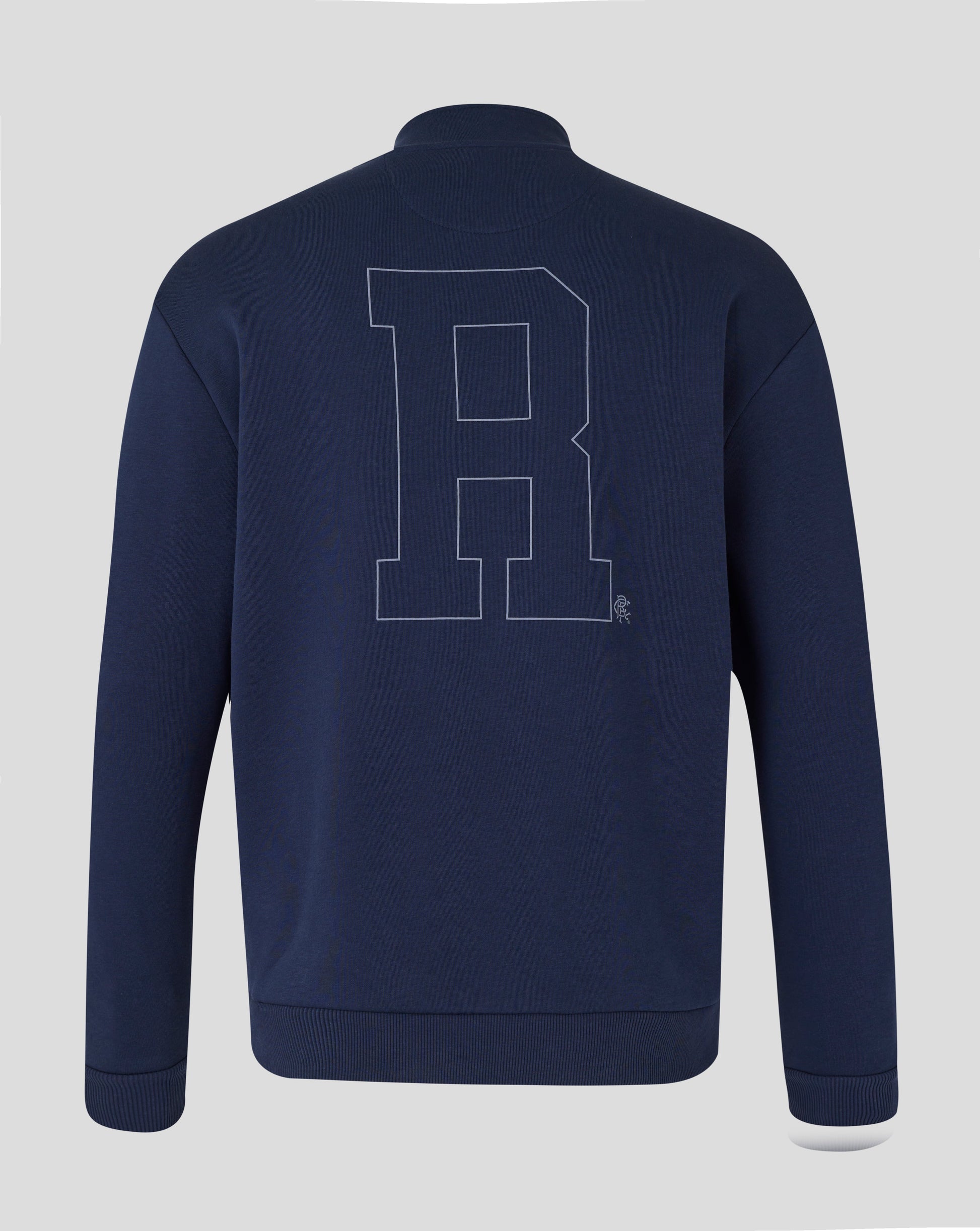 Back view of a navy Rangers Contemporary Quarter Zip sweatshirt with a large outlined graphic on the back