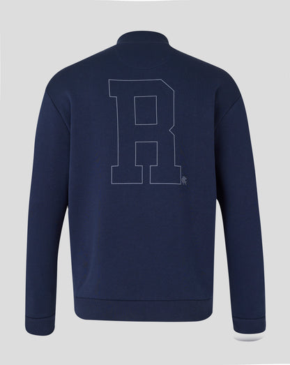 Back view of a navy Rangers Contemporary Quarter Zip sweatshirt with a large outlined graphic on the back