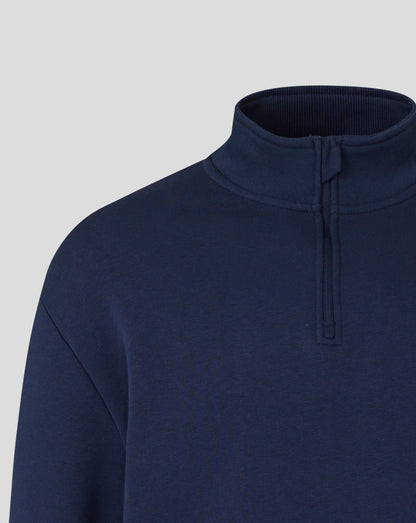 Close up of the navy Rangers quarter zip neckline showing the back zipper and ribbed collar