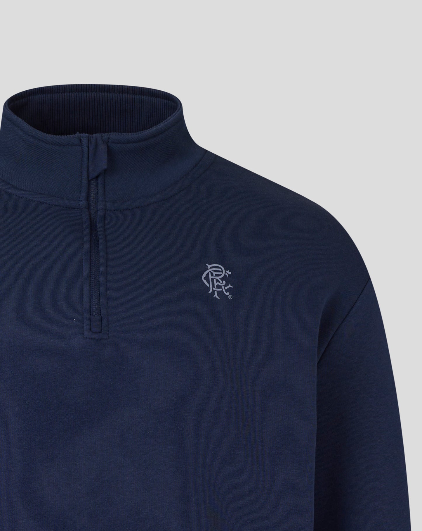 Navy Rangers quarter zip close up showing zipper and crest on chest