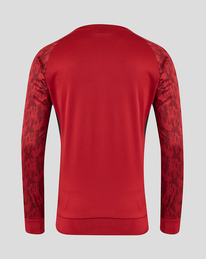 Back view of rhythmic red Saracens training sweatshirt with patterned sleeves.