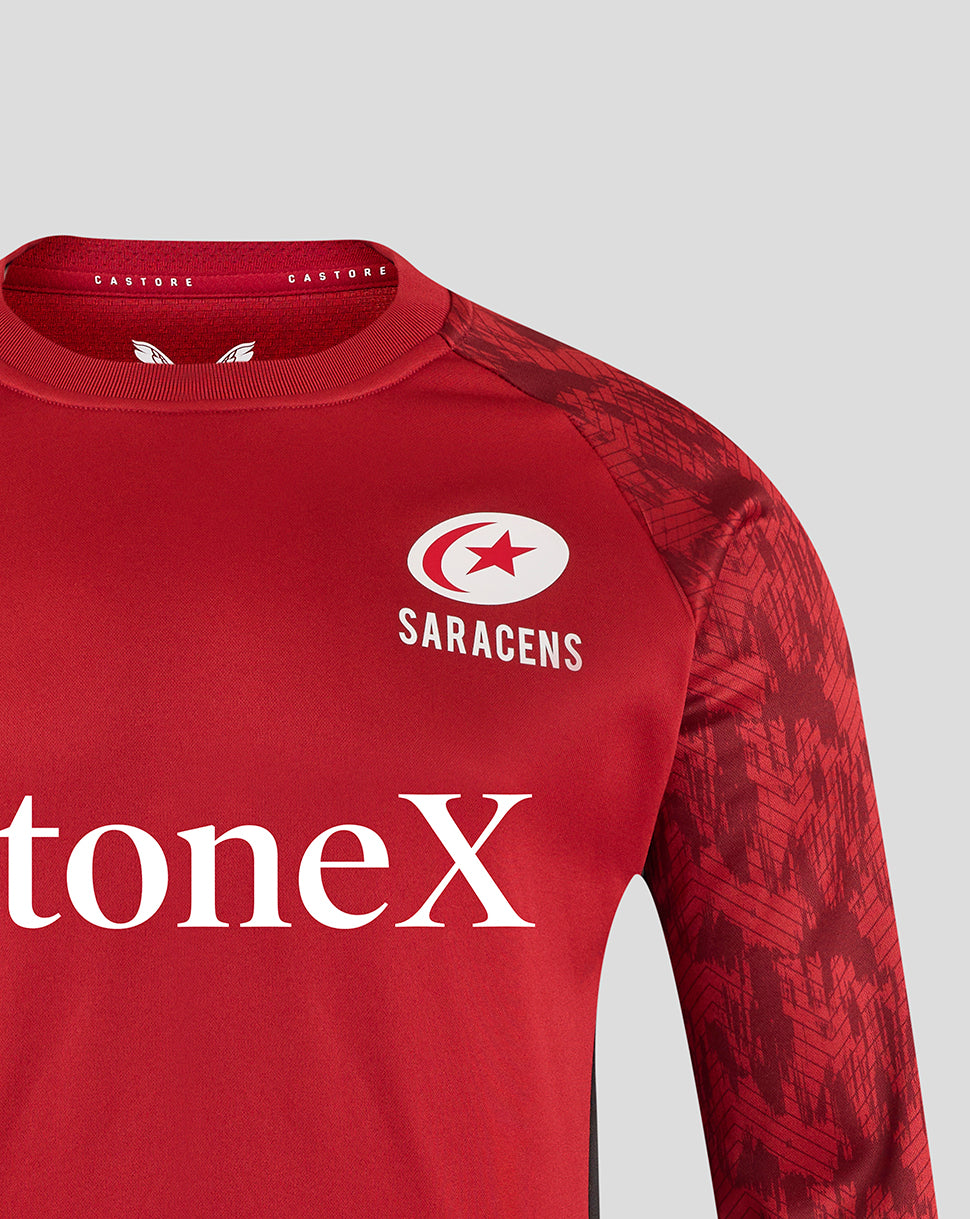 Front close-up of red Saracens training sweatshirt showing crest and large toneX logo.