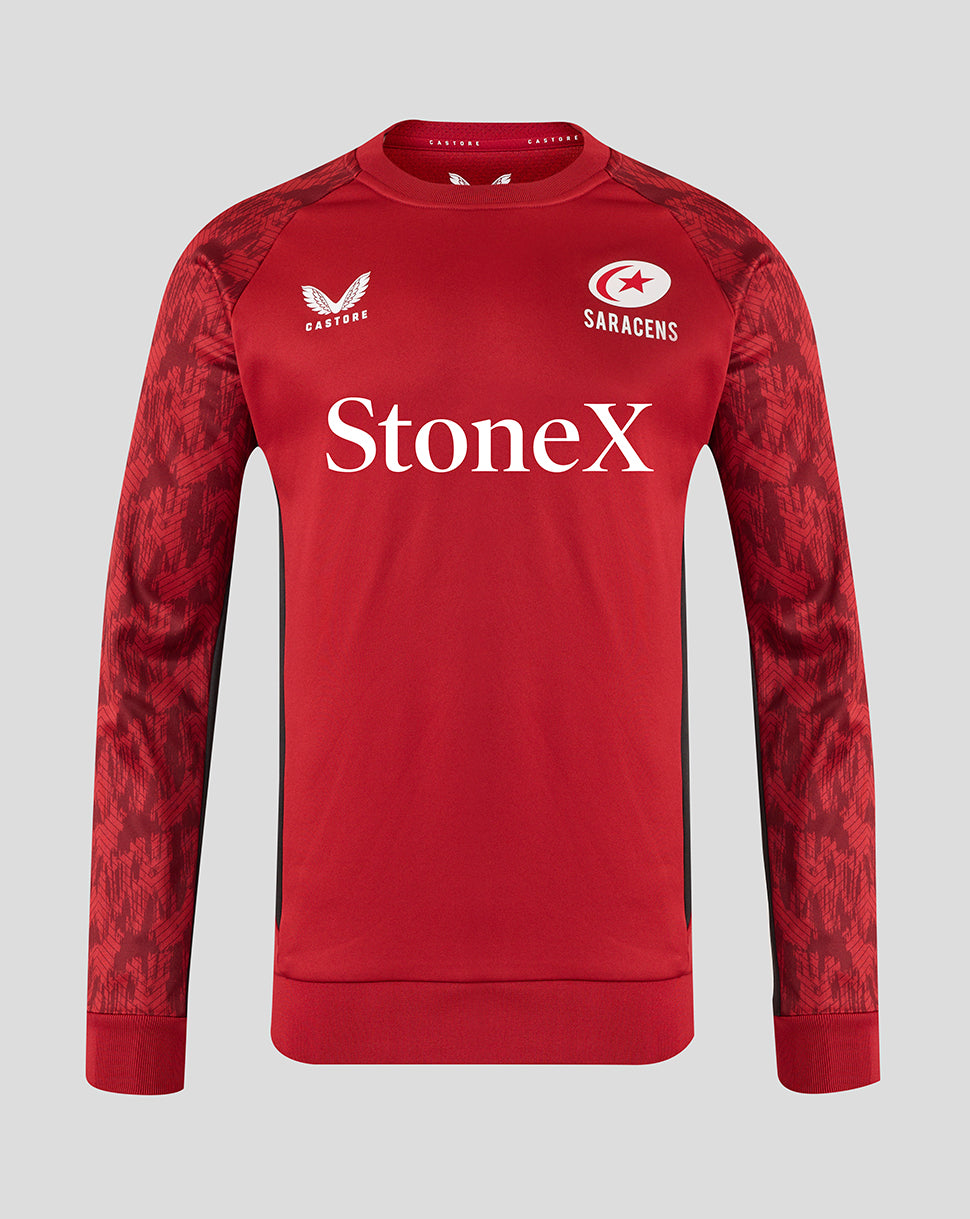Front view of red Saracens unisex training sweatshirt with patterned sleeves and StoneX sponsor across the chest