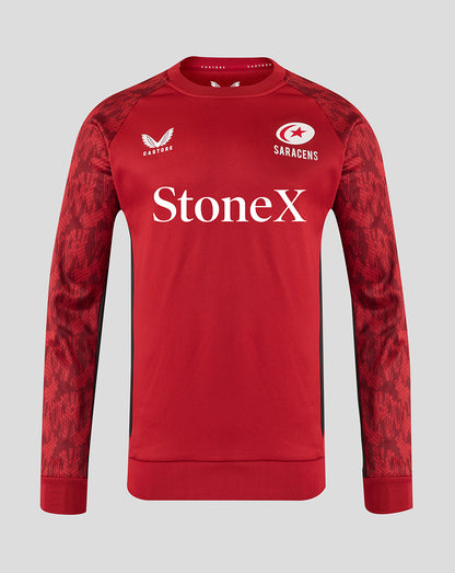 Front view of red Saracens unisex training sweatshirt with patterned sleeves and StoneX sponsor across the chest