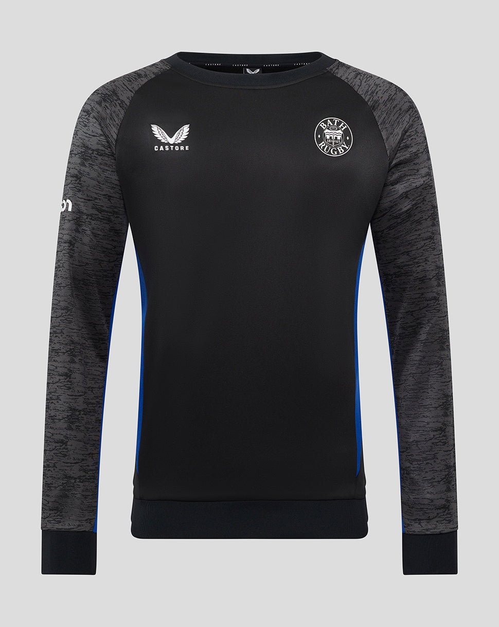 Front view of Bath Rugby training sweatshirt in black with heather grey sleeves and blue side panels; Castore logo and Bath Rugby crest.