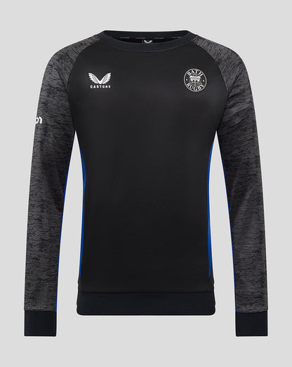 Front view of Bath Rugby training sweatshirt in black with heather grey sleeves and blue side panels; Castore logo and Bath Rugby crest.