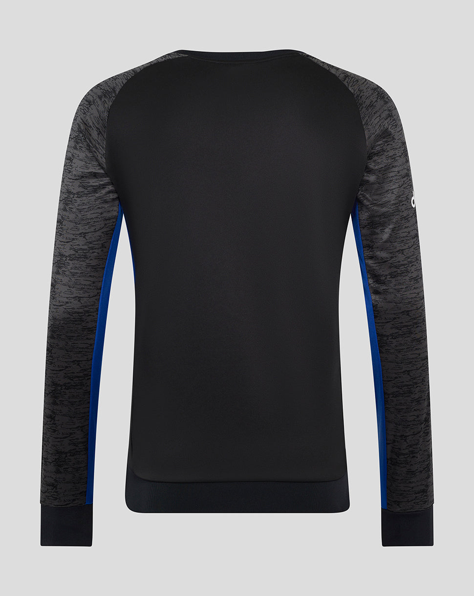 Back view of Bath Rugby unisex training sweatshirt with black torso, heathered grey sleeves and blue side panels