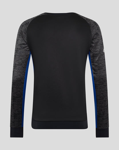 Back view of Bath Rugby unisex training sweatshirt with black torso, heathered grey sleeves and blue side panels