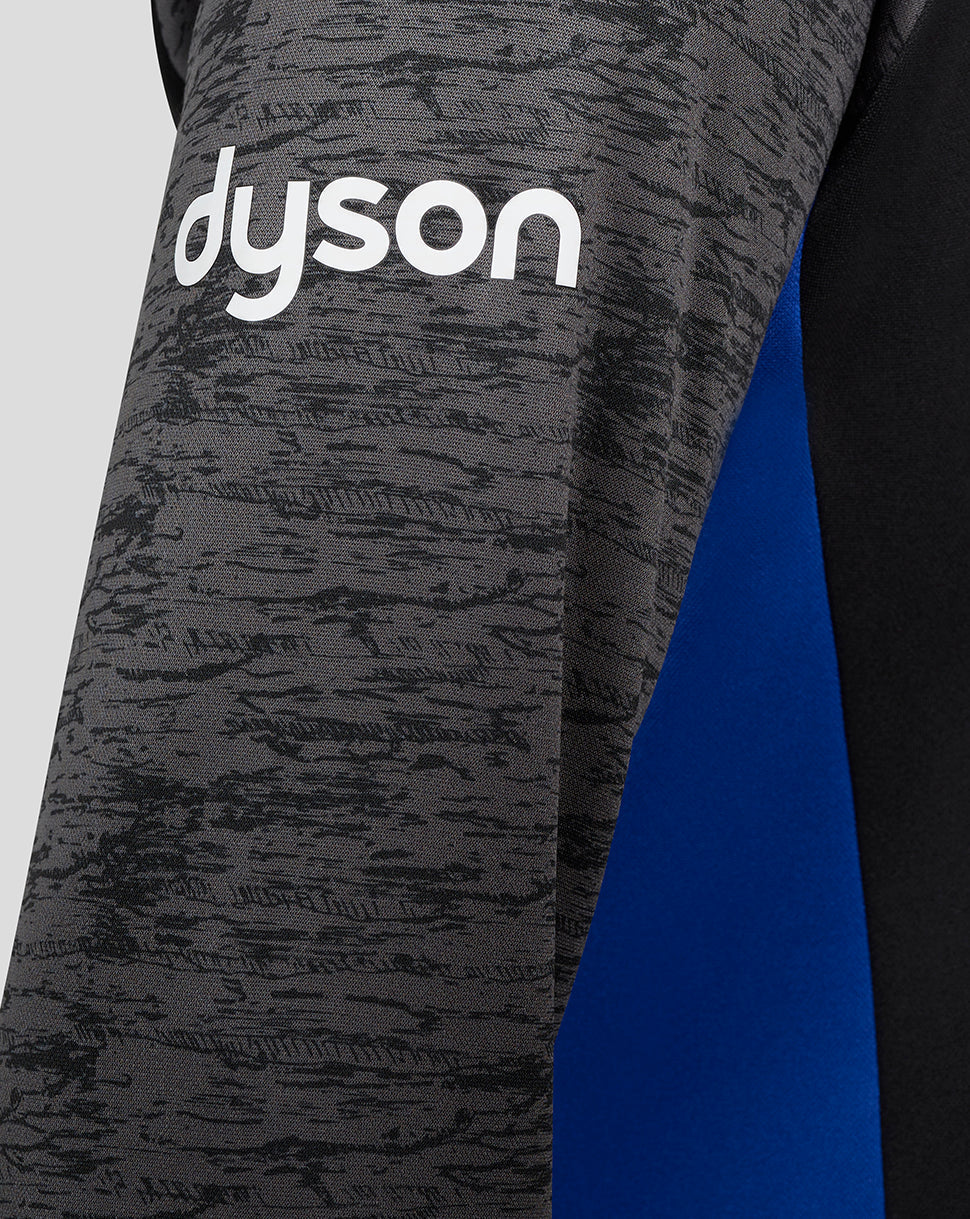 Close-up of the grey heathered sleeve featuring the Dyson branding on the Bath Rugby training sweatshirt