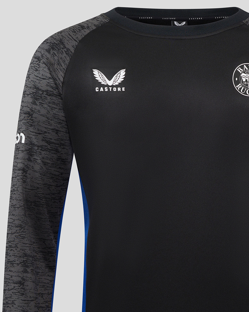 Close up of Castore logo on left chest and Bath Rugby crest on right on a black training sweatshirt with marled grey sleeves.