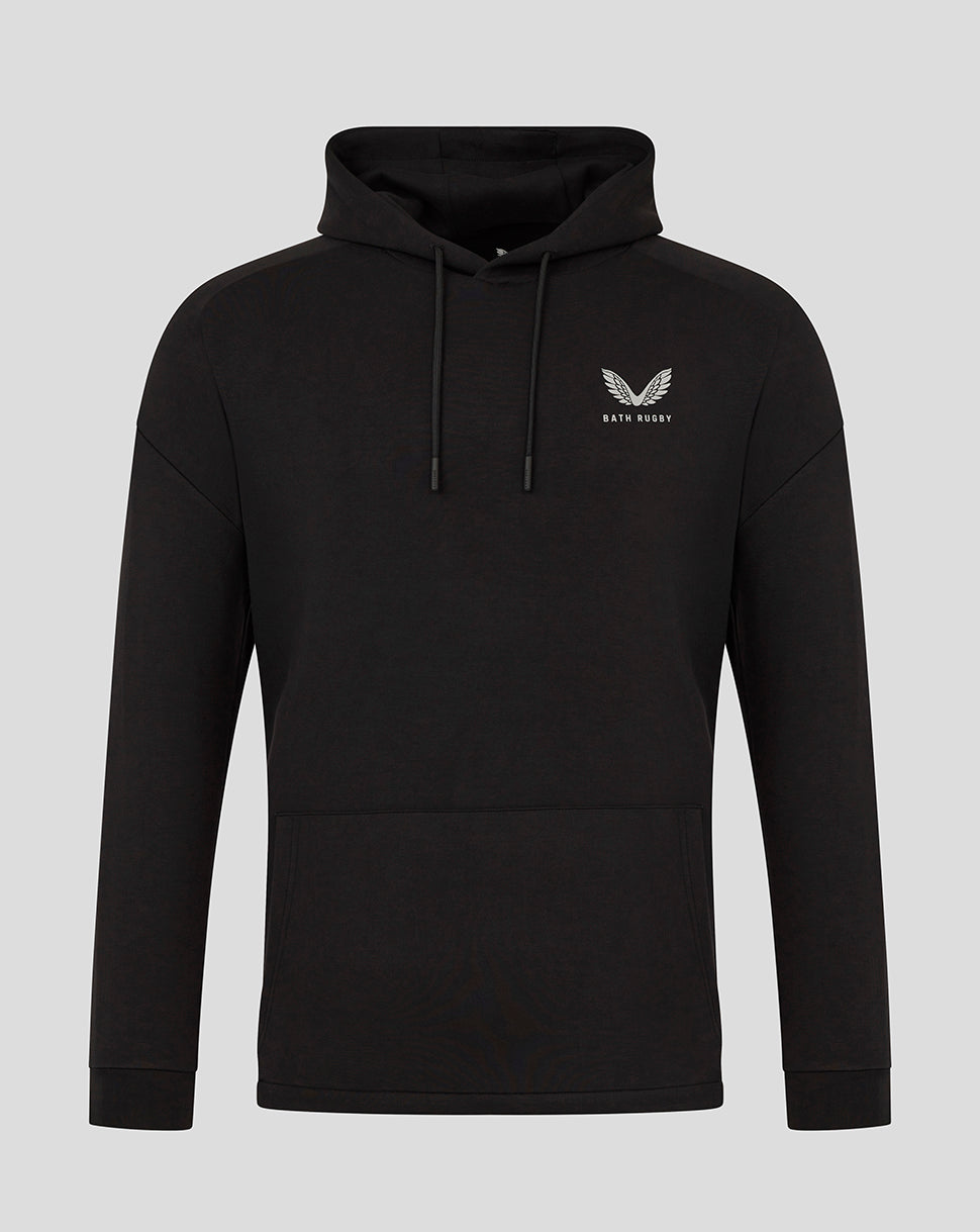 Black unisex pullover hoodie with a drawstring hood and front kangaroo pocket, featuring a small white chest logo.