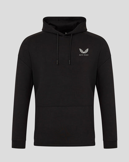 Black unisex pullover hoodie with a drawstring hood and front kangaroo pocket, featuring a small white chest logo.