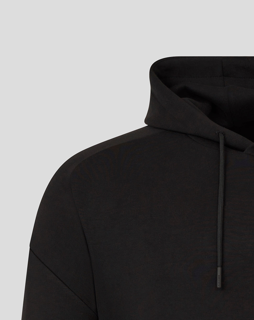 Close up of hood with drawstring on black Bath Rugby travel overhead hoodie
