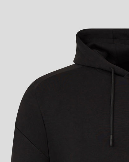 Close up of hood with drawstring on black Bath Rugby travel overhead hoodie