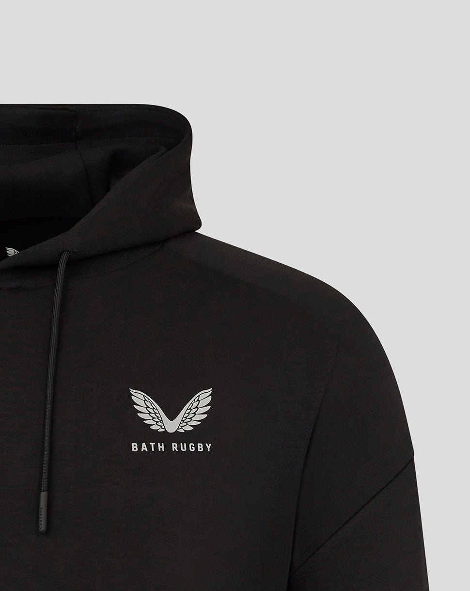 Chest close up of white wings Bath Rugby logo on black hoodie