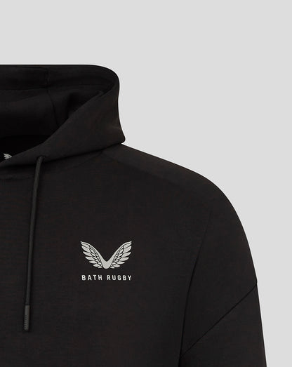 Chest close up of white wings Bath Rugby logo on black hoodie