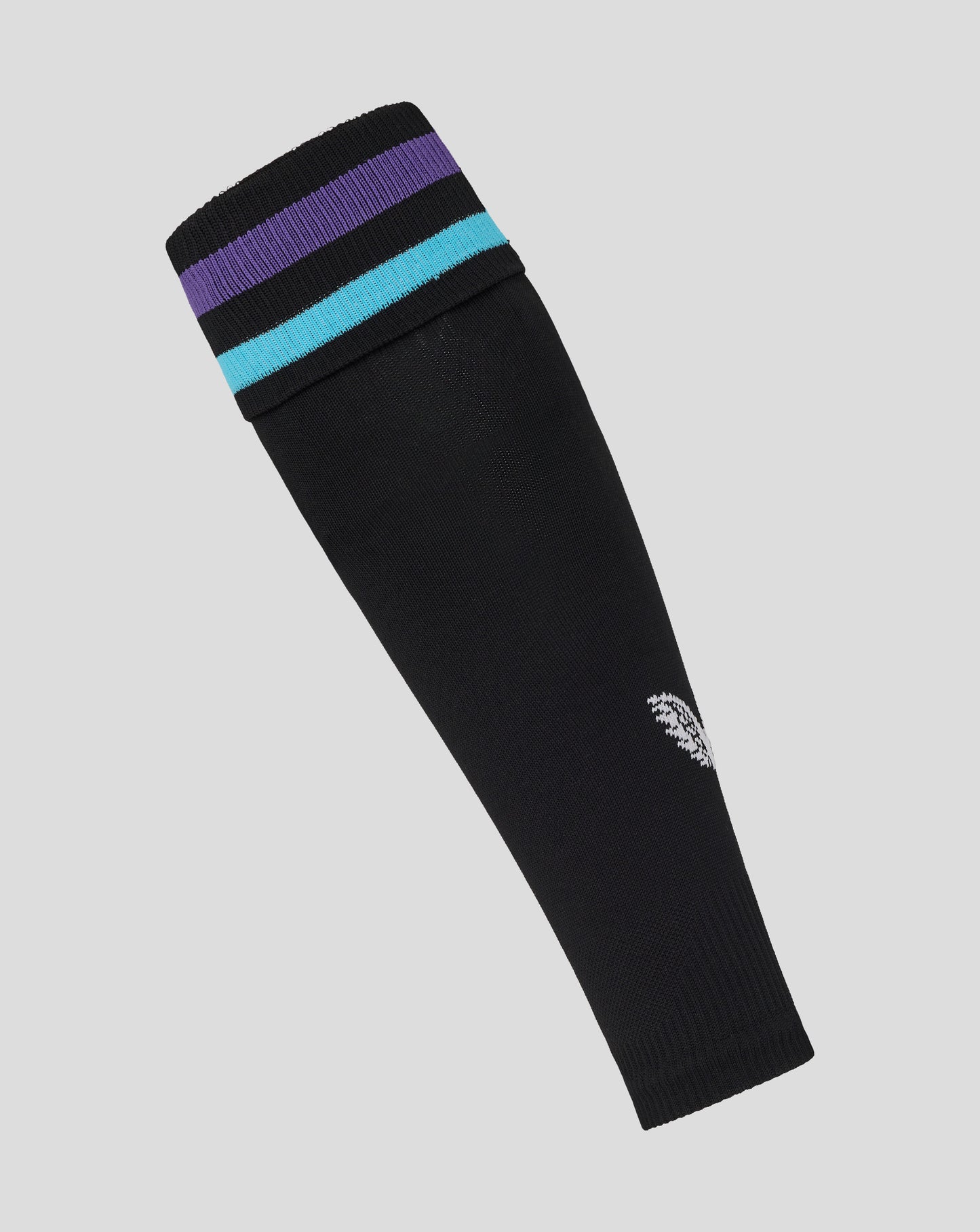 Close up of England Rugby alternate footless sock cuff with purple and teal stripes on black knit