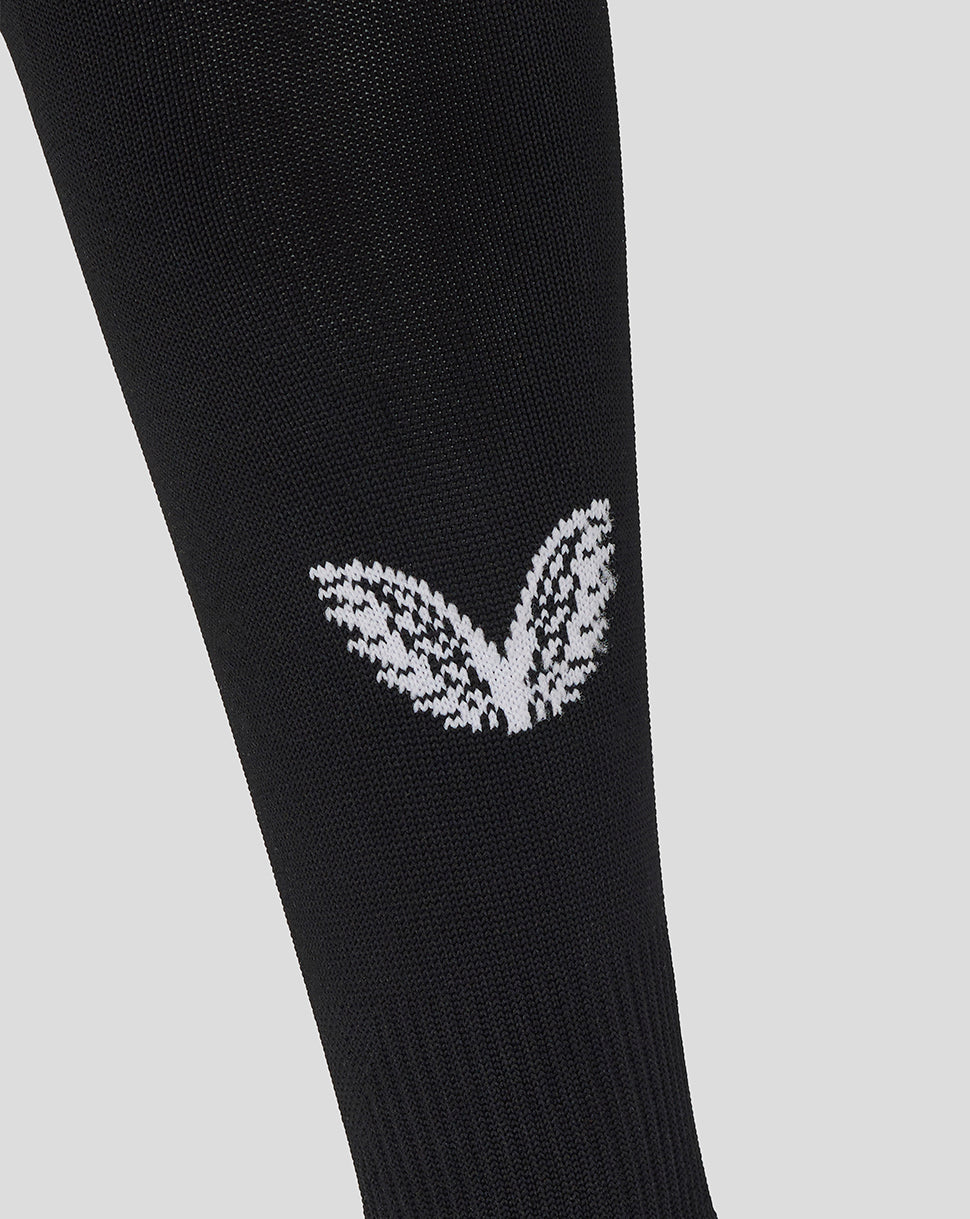 White leaf-like logo on black knit sock from England Rugby alternate footless sock