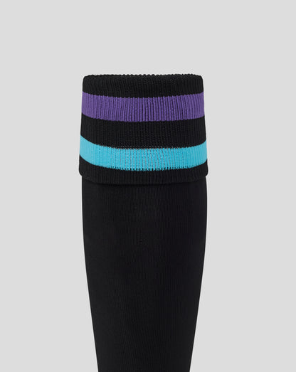 Front view of England Rugby alternate footless sock cuff with purple stripe and teal stripe on black knit