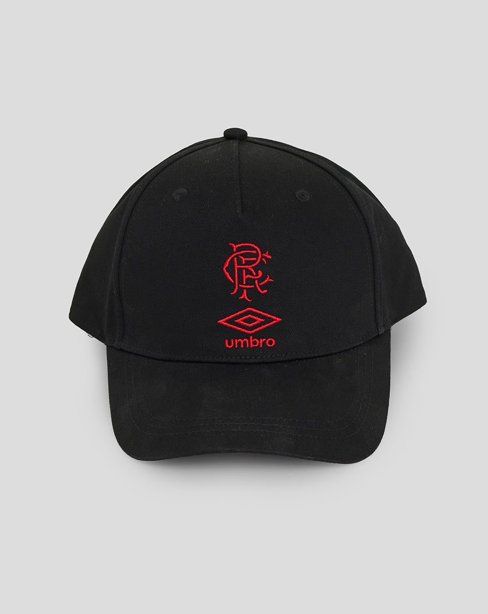 Black Rangers travel cap shown from front angle with red embroidered crest and Umbro logo.