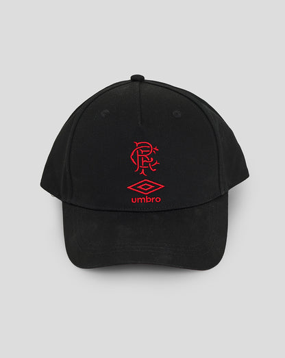 Black Rangers travel cap shown from front angle with red embroidered crest and Umbro logo.