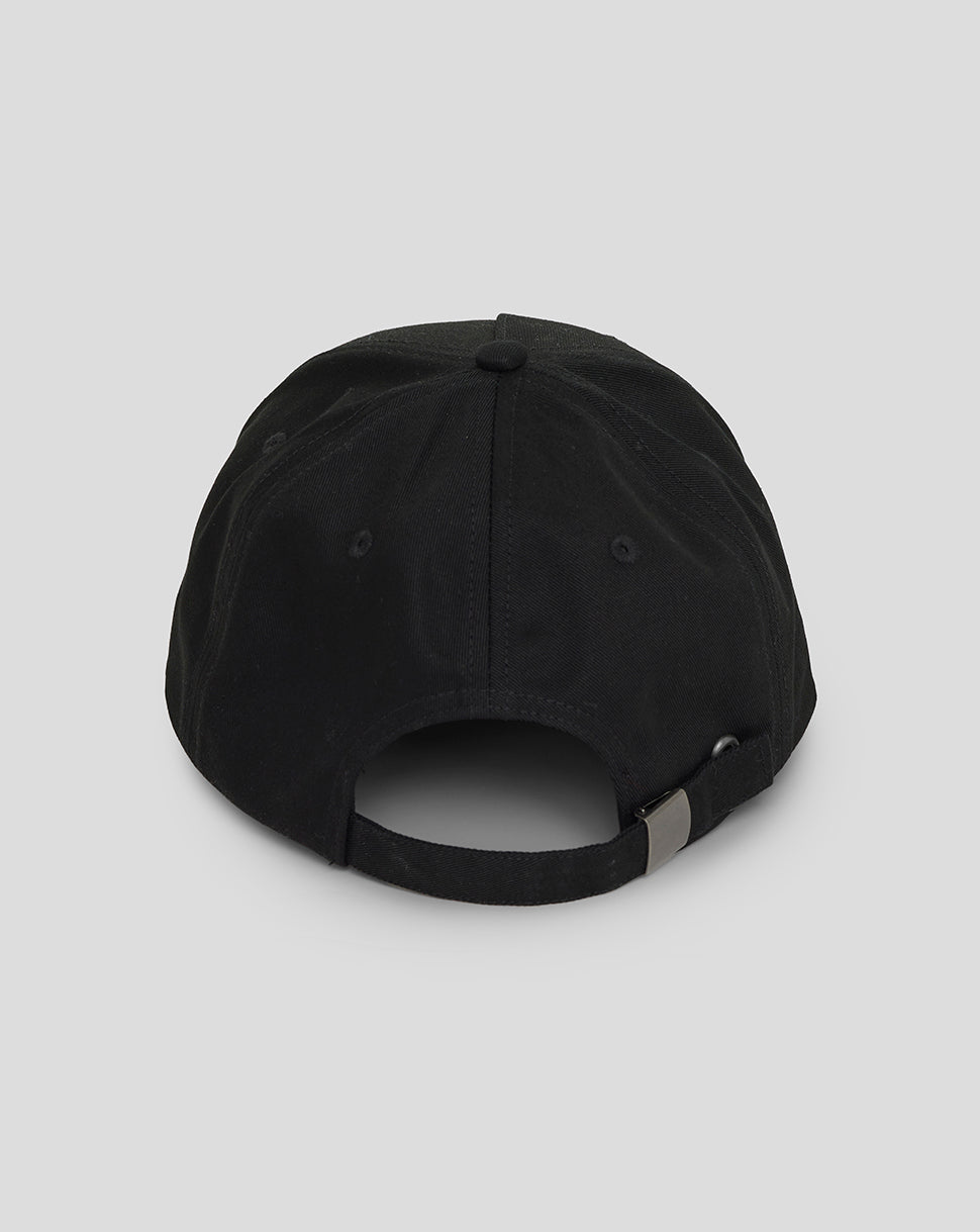 Back view of a black Rangers travel cap with adjustable strap