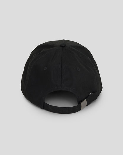 Back view of a black Rangers travel cap with adjustable strap