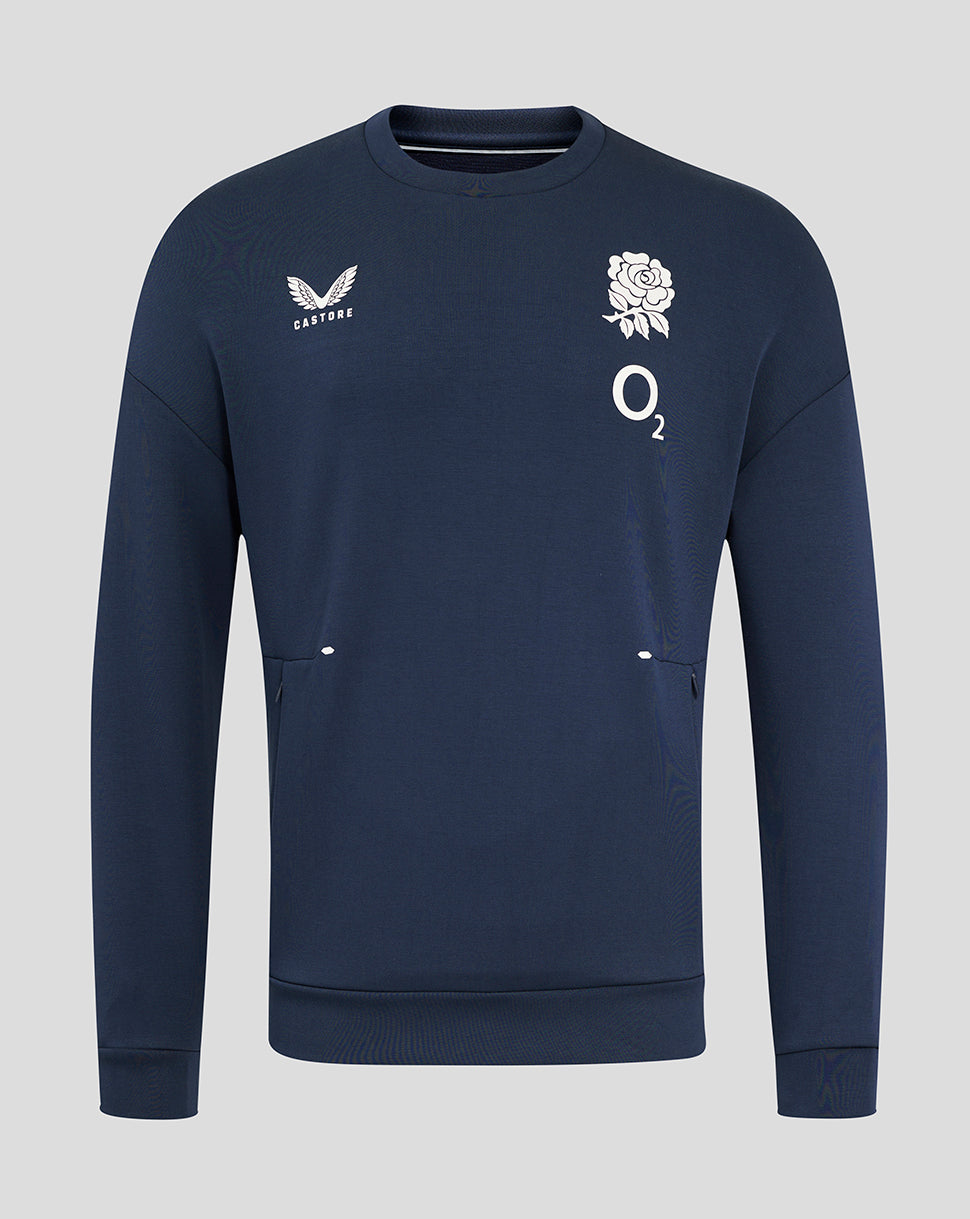 Front view of navy England Rugby Travel Crew Sweatshirt with Castore logo on left chest and rose O2 crest on right chest