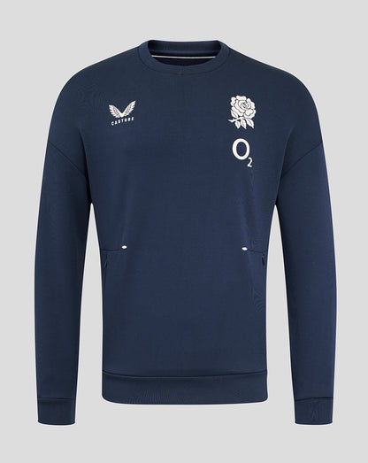 Front view of navy England Rugby Travel Crew Sweatshirt with Castore logo on left chest and rose O2 crest on right chest