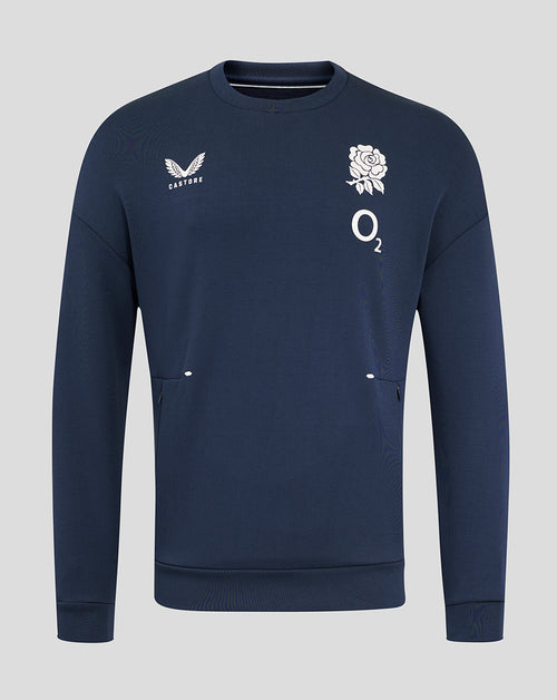 Front view of navy England Rugby Travel Crew Sweatshirt with Castore logo on left chest and rose O2 crest on right chest