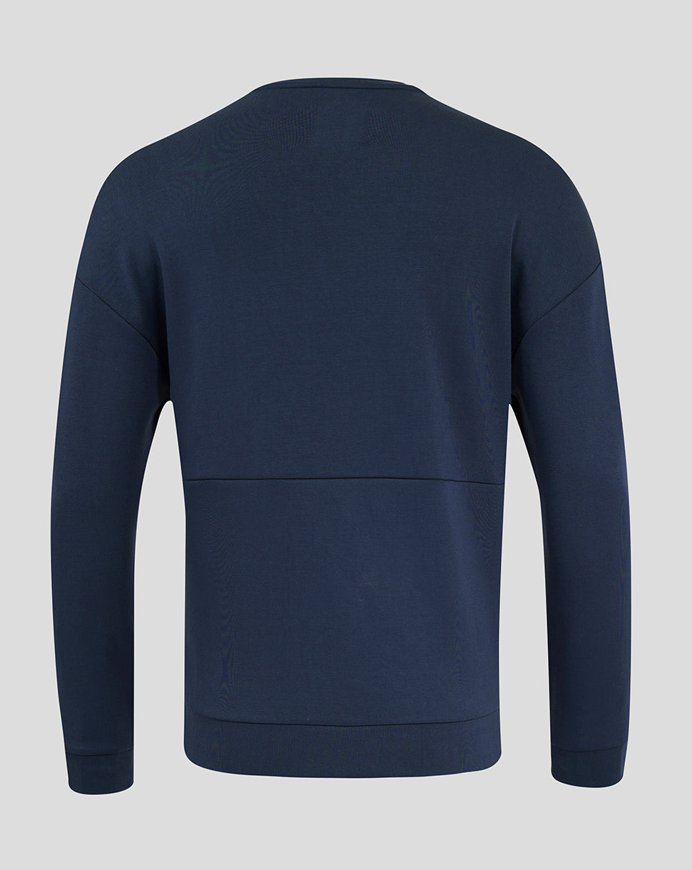 Back view of navy Inkwell England Rugby Travel Crew Sweatshirt showing clean panel design and ribbed cuffs and hem