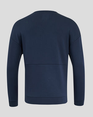 Back view of navy Inkwell England Rugby Travel Crew Sweatshirt showing clean panel design and ribbed cuffs and hem