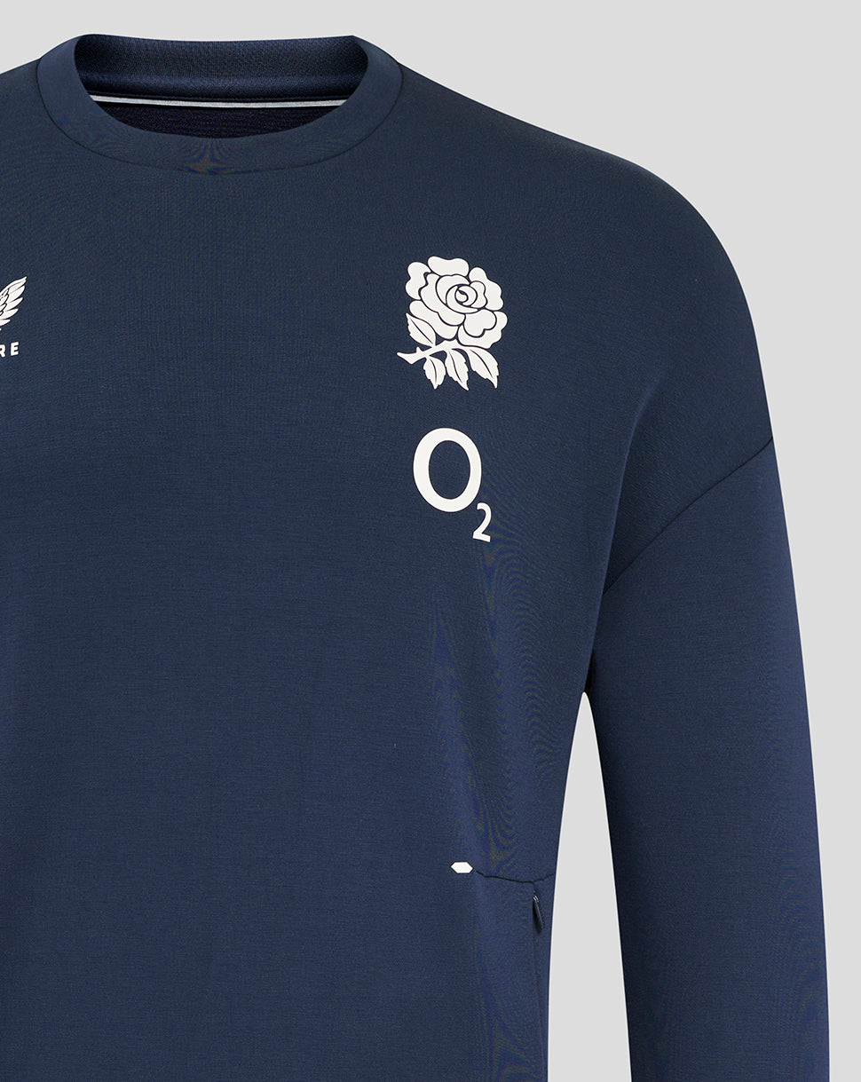 Navy England Rugby Travel Crew Sweatshirt with white rose crest and O2 logo on chest