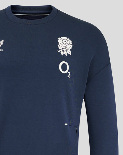 Navy England Rugby Travel Crew Sweatshirt with white rose crest and O2 logo on chest