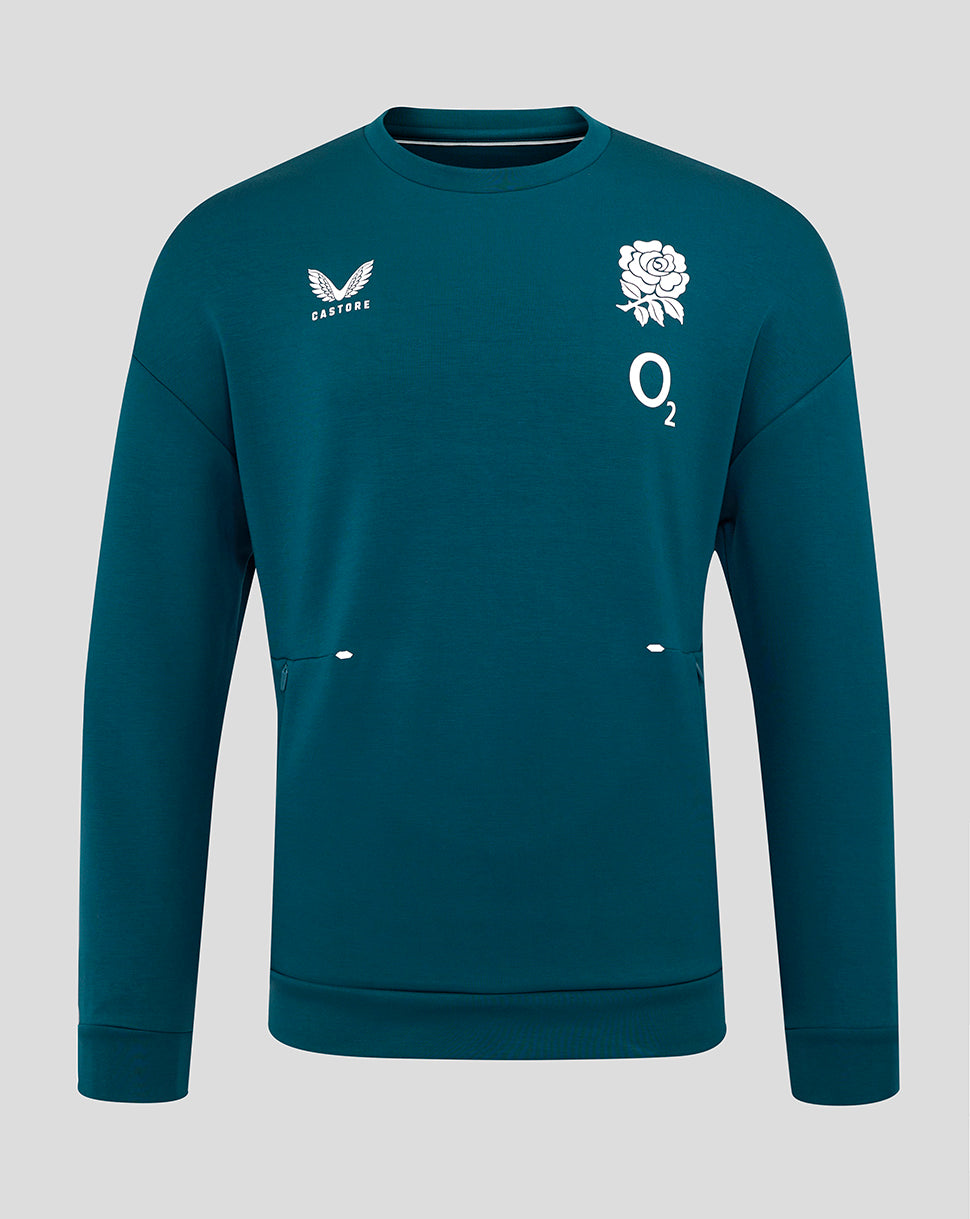 Teal England Rugby travel crew sweatshirt with white rose crest O2 logo and Castore branding on chest