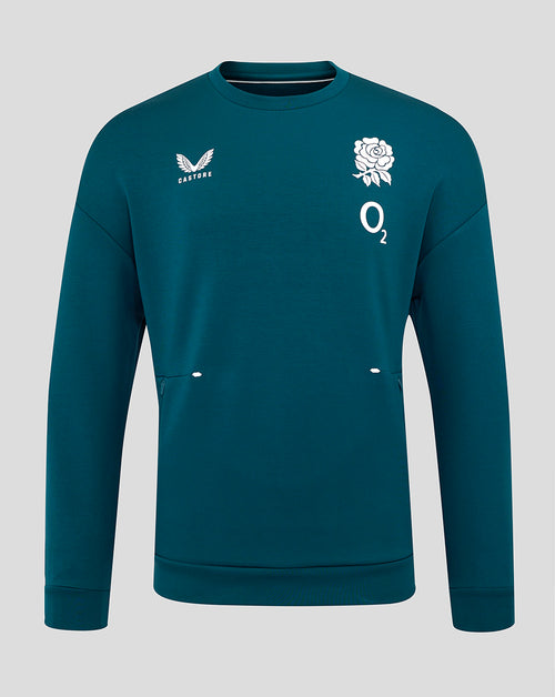 Teal England Rugby travel crew sweatshirt with white rose crest O2 logo and Castore branding on chest