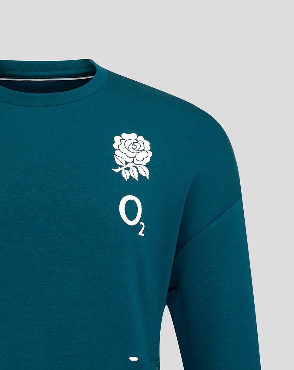 Left chest detail shows white rose emblem above O2 on Reflecting Pond sweatshirt