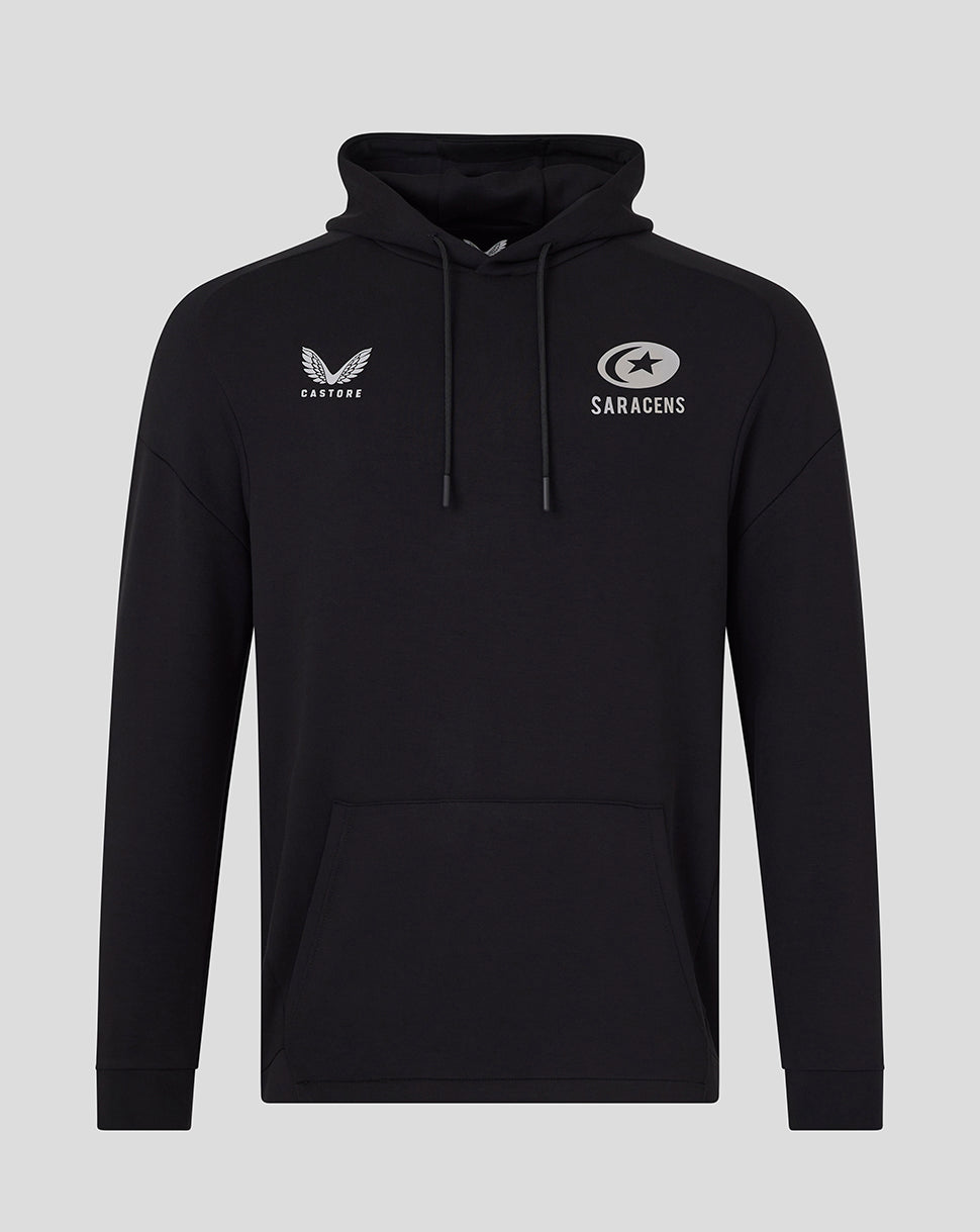 Black Saracens travel overhead hoodie with Saracens crest and Castore logo on chest.