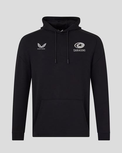 Black Saracens travel overhead hoodie with Saracens crest and Castore logo on chest.