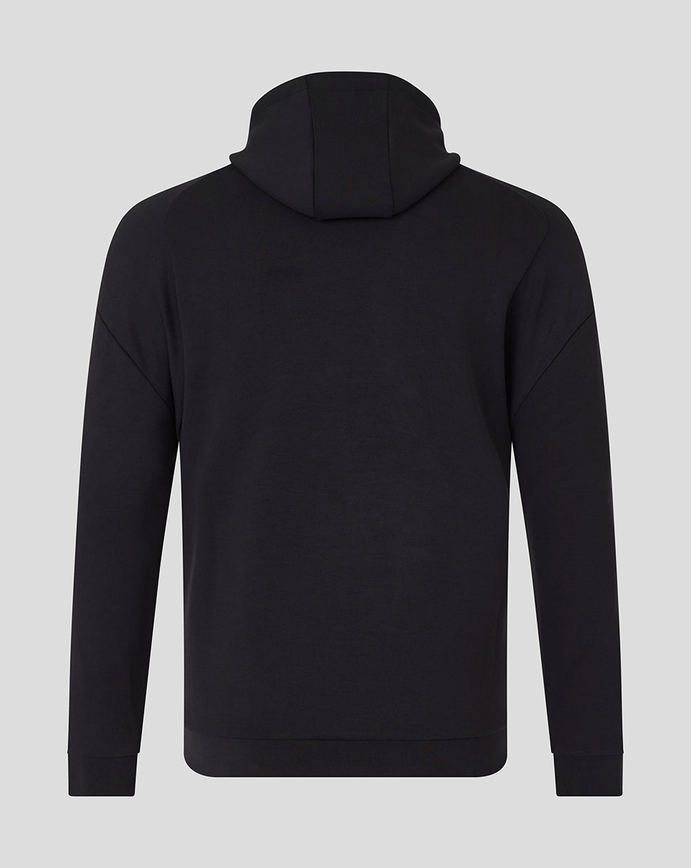 Back view of black Saracens travel overhead hoodie showing clean silhouette and hood.