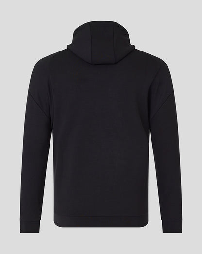 Back view of black Saracens travel overhead hoodie showing clean silhouette and hood.