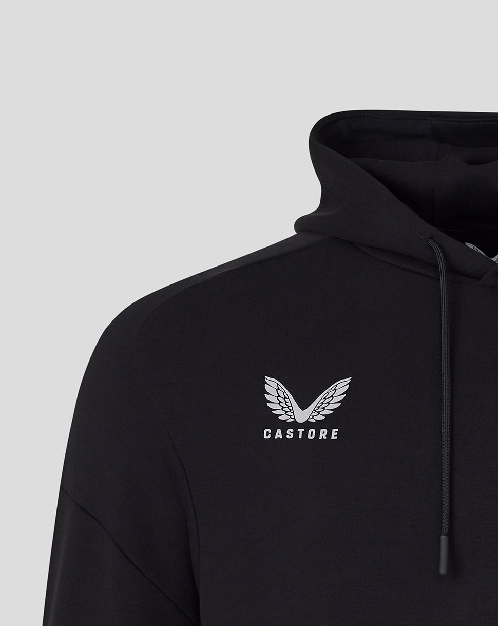 Black Saracens hoodie chest detail showing Castore logo and wing emblem