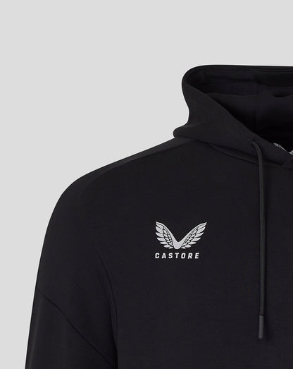 Black Saracens hoodie chest detail showing Castore logo and wing emblem