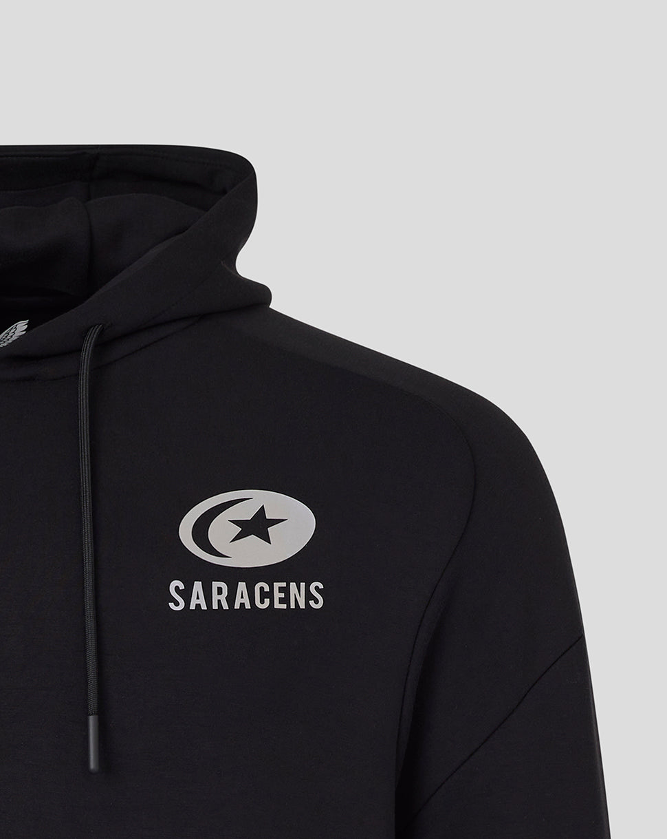 Black Saracens travel hoodie close-up of chest with circular crest and SARACENS lettering